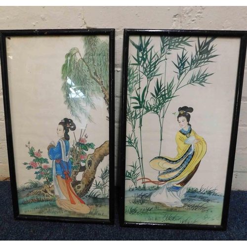 12 - Two - Chinese hand painted scenes - approx. 21