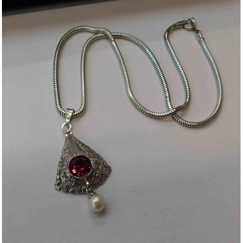 203 - Sterling silver chain - & red cut glass/pearl set pendant