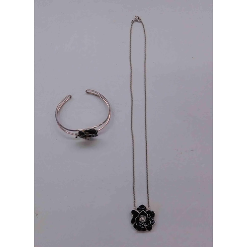 218 - Silver - flower bangle/chain & pendant set