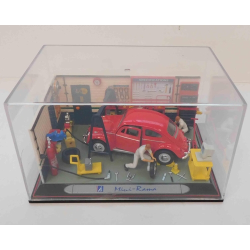 221 - Mini Rama - VW Beetle workshop scene in display case - diorama