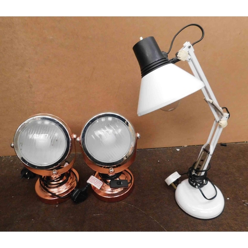 577 - 2x Table lights W/O (copper colour) and angle poise white lamp