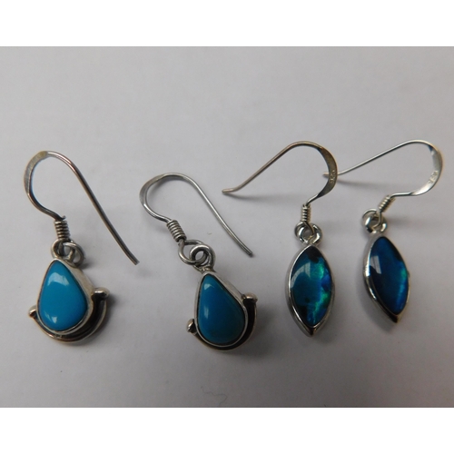 108 - Silver - turquoise set ring - & two pairs of drop earrings