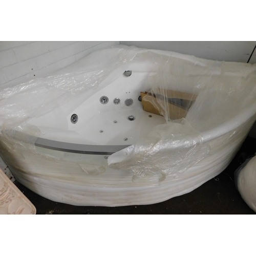 539 - Glass/acrylic transparent fronted corner bath with Bluetooth, stereo and lights etc. - new, approx. ...