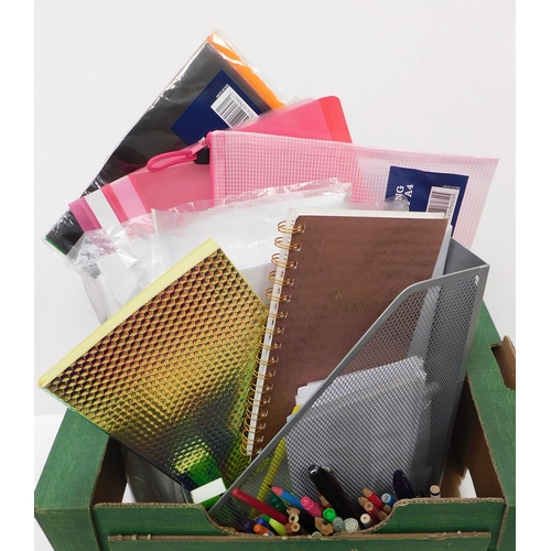 563 - Box of assorted stationery items inc notepads, folders, polly pockets, desk organiser & stationery