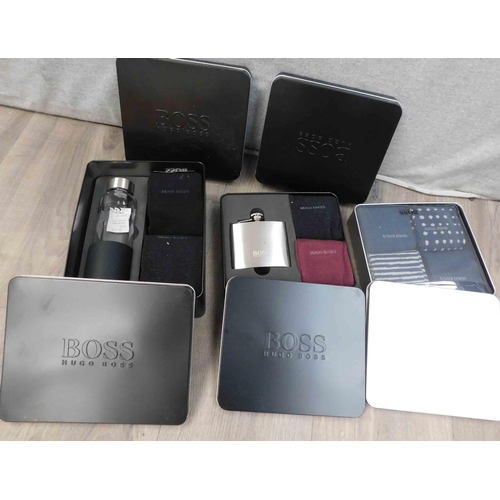 566 - 5x New Hugo Boss presentation cases incl. socks, hip flask and drinks bottle