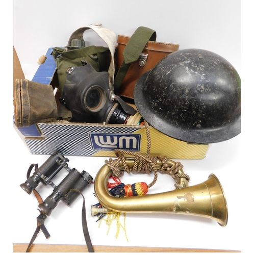 72 - Military items including - bugle/helmet/field glasses & gas mask