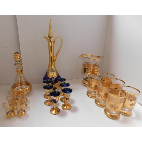 94 - Glassware including - cobalt blue & gold decanter