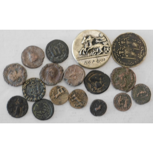 134 - Seventeen - antique copper & brass coins/tokens - including Antiquity & temple tokens