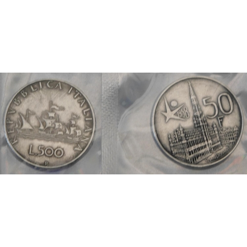 27 - 1958 dated - Belgium 50 Franc/Brussels World Fair coin - 835 silver & 1966 Italian 500 Lira silver c... 