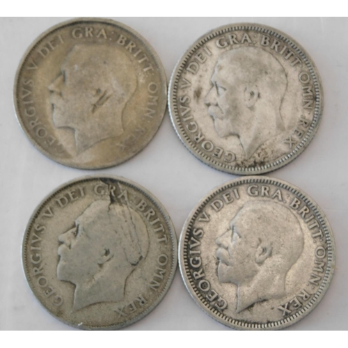 38 - Four - George V era - 500 silver - One Shilling coins