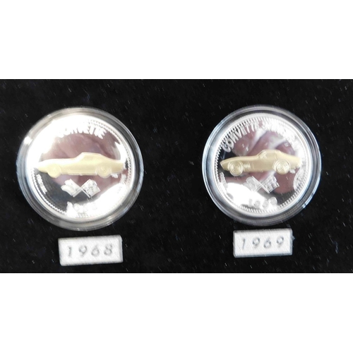 39 - Corvette Stingray Coins - 1963/1976 100ml .999 fine silver - with 24k gold selective plating/Ltd Edi... 