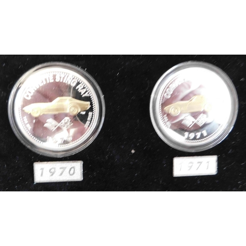 39 - Corvette Stingray Coins - 1963/1976 100ml .999 fine silver - with 24k gold selective plating/Ltd Edi... 