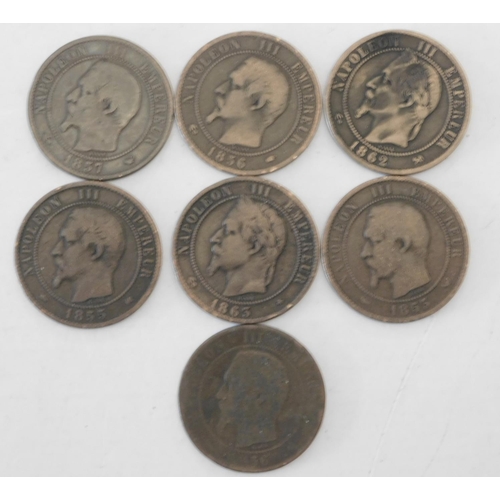 87 - Seven - antique French Napoleon III - Dix Centimes coins 1855/1863 - not consecutive dates/some dupl... 