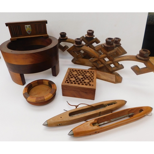 108 - Wooden items including - candlesticks & shuttles