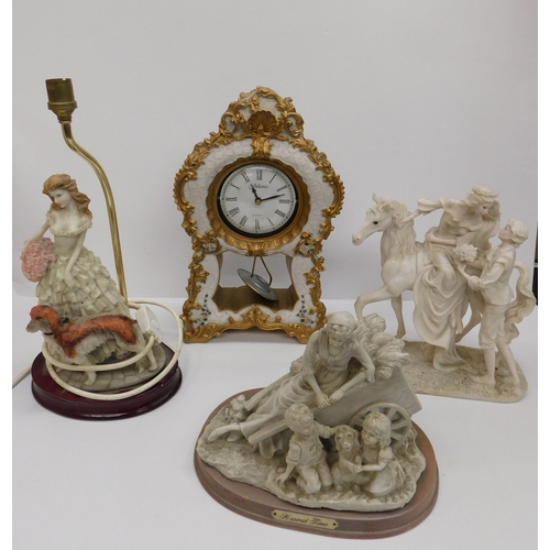 132 - Victoriana style - clock & three figures on plinths