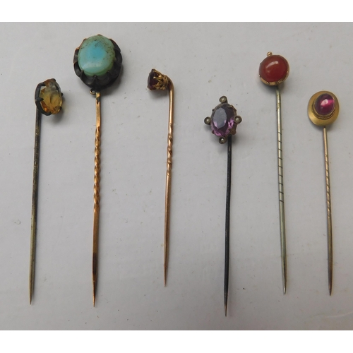 161 - Six - Antique hat pins/set semi precious stones & gold - in antique elephant pin cushion