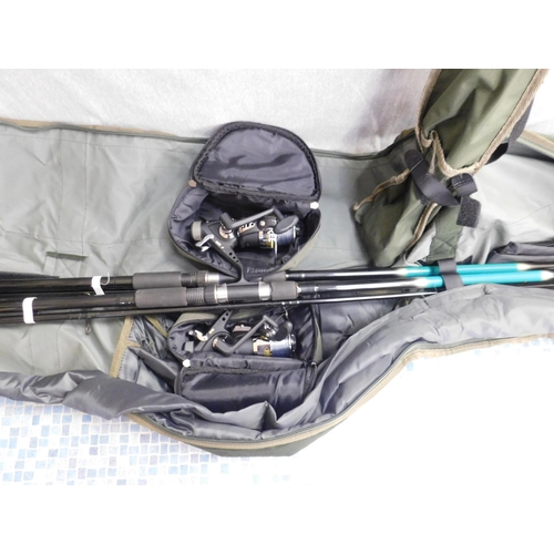 681 - Crane Convas bag containing new twin set carp rods, reels and a double rod rest