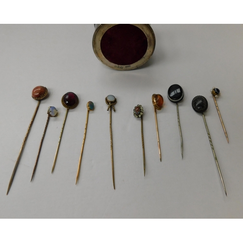 113 - Ten - Antique & vintage hat pins - set with semi precious stones & gold - in sterling silver pin cus... 