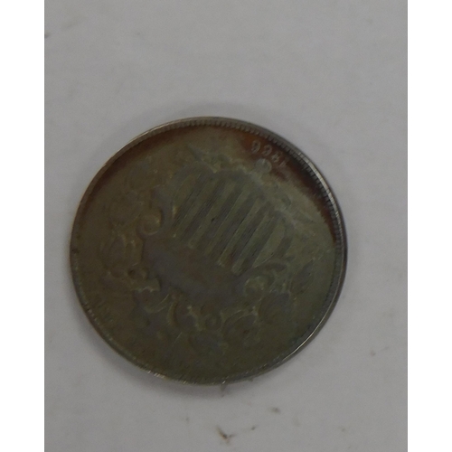 132 - Antique American - 1866 dated - Five Cent coin