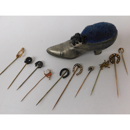 153 - Ten - Antique/vintage - hat/sash pins in shoe pin cushion - including gold & silver examples