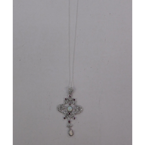 202 - Silver - opal & marcasite set pendant/on silver chain