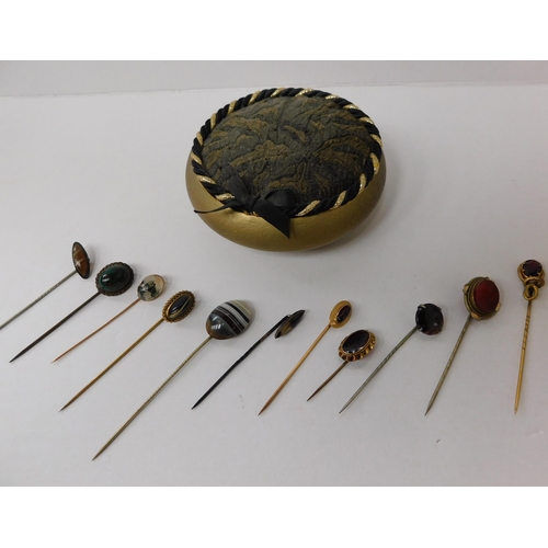 242 - Eleven - Antique/vintage hat pins - set with semi precious stones & gold/in pin cushion