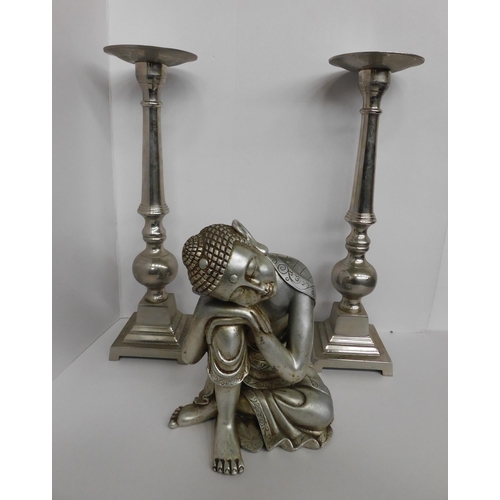 44 - Metal candlesticks & Tibetan style Buddha - approx. 18.5