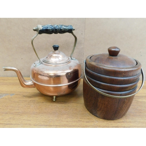 14 - Copper kettle & wooden biscuit barrel...