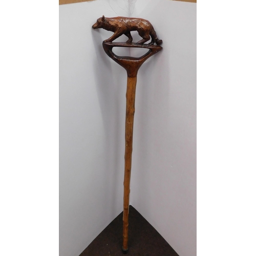 38A - Hand carved & signed - walking stick with animal handle