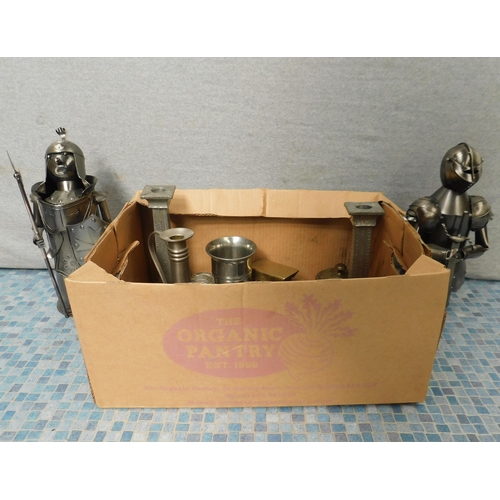 619 - Box of metal-ware incl. pewter and wine covers etc.