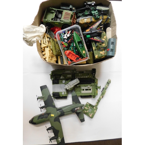 635 - Box of toy military vehicles, tanks, planes and plastic soldiers