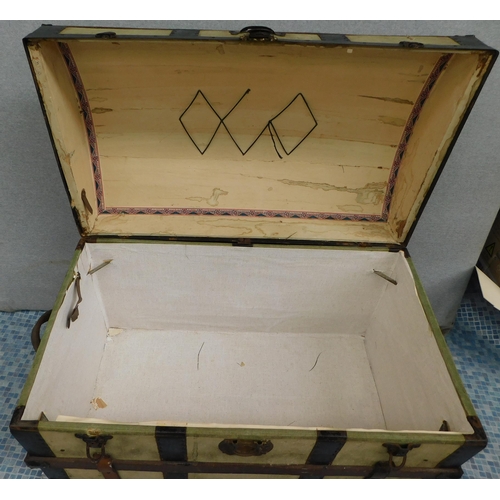 645A - Antique wooden travel trunk reinforced with metal bracings