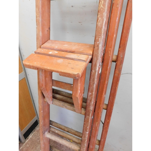 757 - Wooden triple set of ladders 6 rung and paint steady