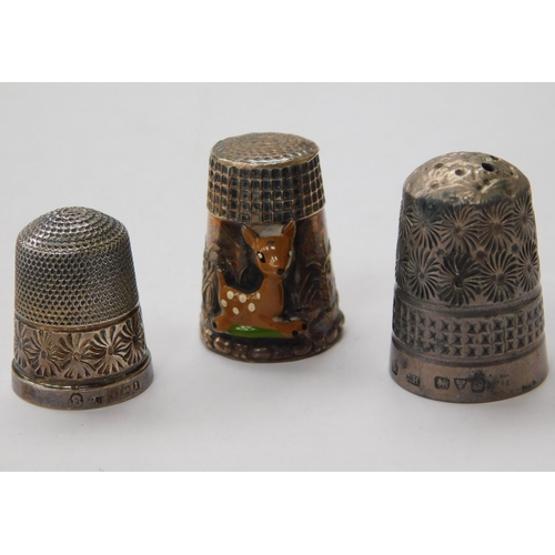 140 - Three - Silver thimbles including/enamelled Bambi & Charles Horner examples