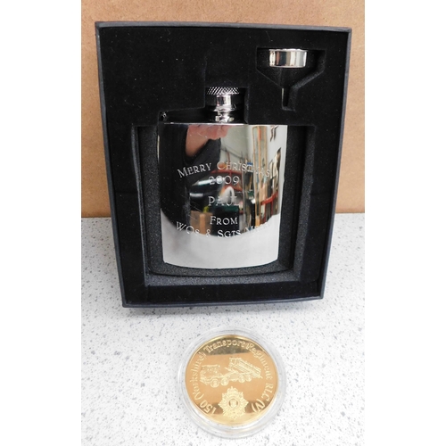 17 - Commemorative coin - 150 Yorkshire Transport Reg (Police)  & silver plate hip flask