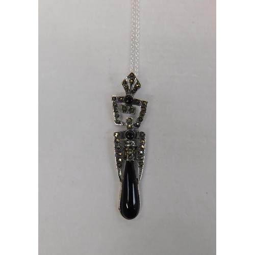 202 - Silver - jet & marcasite pendant on silver chain