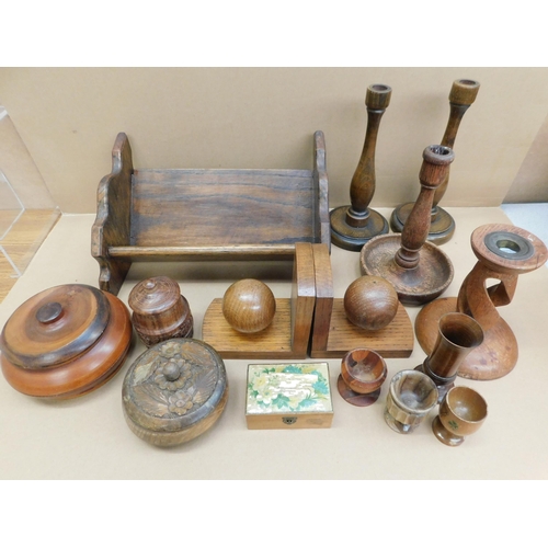 36 - Mixed - wooden items including book slide & candlesticks