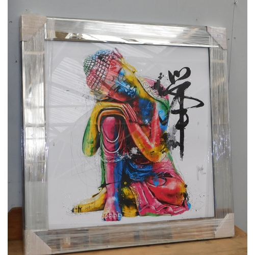 571 - Large framed picture of Indian Buddha with patterned raised glass