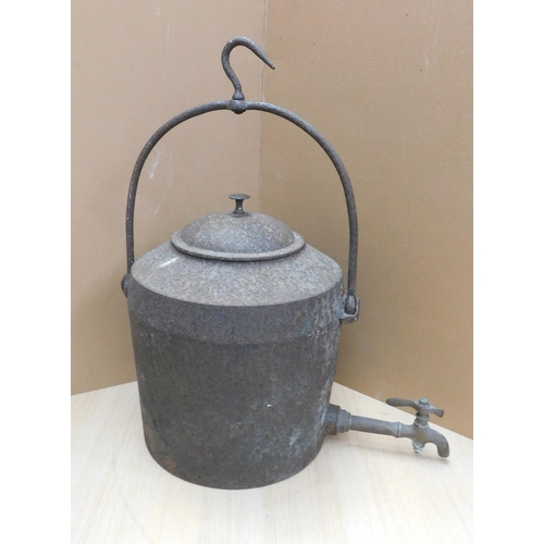 677 - Vintage cast iron tea Sheldon Wolverhampton kettle with tap & lid