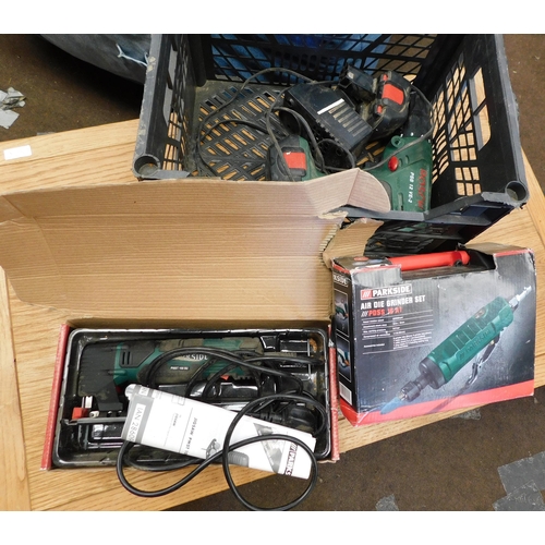 820 - Box of tools inc air grinder, jigsaw etc...