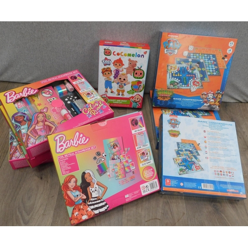 107 - 8 New boxed games/toys incl. 4 Barbie colour reveal and 3 Paw Patrol games compendium