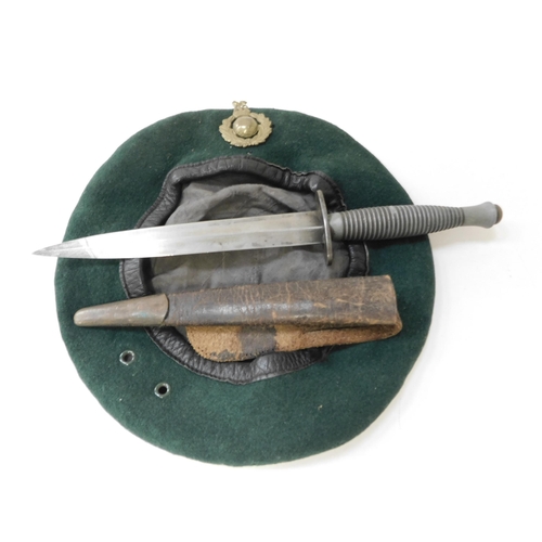 35 - British - Royal Marines beret & commando style dagger with leather & brass sheath