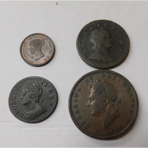 51 - Antique coins including - 1722 Halfpenny/1754 Farthing/1826 Penny & 1844 Half Farthing coin