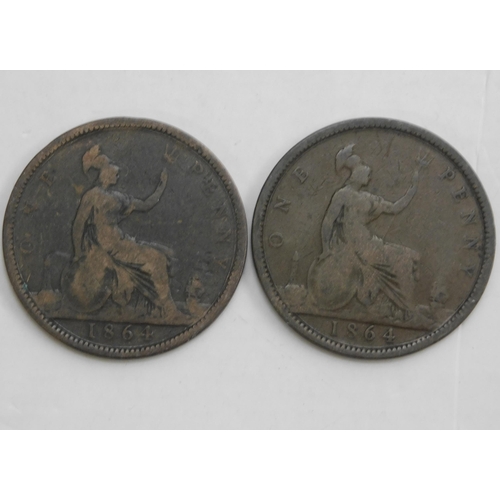 55 - Two - Victorian era Pennies - dated 1864/both varieties - upper serif & crosslet four...