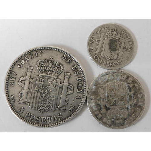 57 - Three - Antique Spanish silver coins - Five/Two & One Pesetas - Alfonso XII