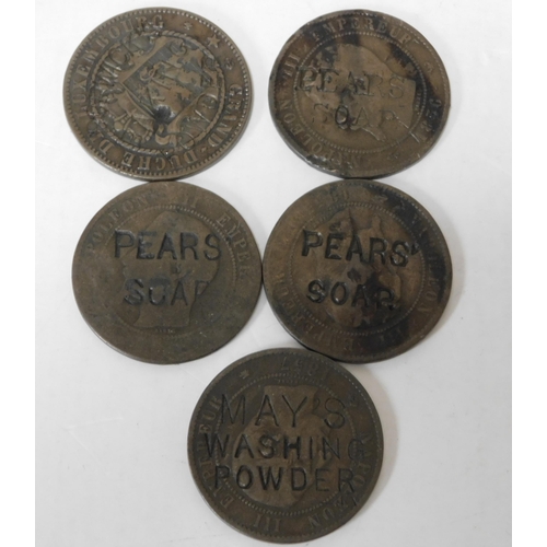 63 - Five - Antique Coins with advertising counter stamps - including Pears soap/May's & Borwicks