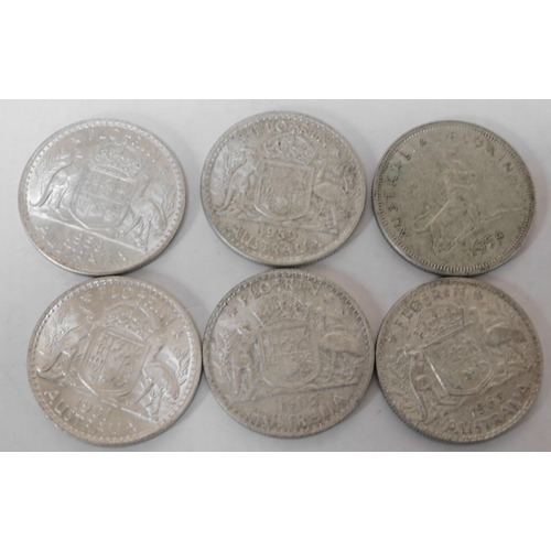 64 - Six - Vintage Australian silver Florin coins - dated between 1954/1963