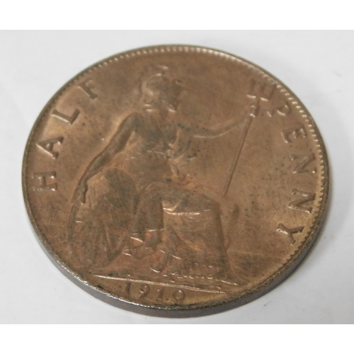 68 - 1910 dated - Edward VII Halfpenny coin - with lustre