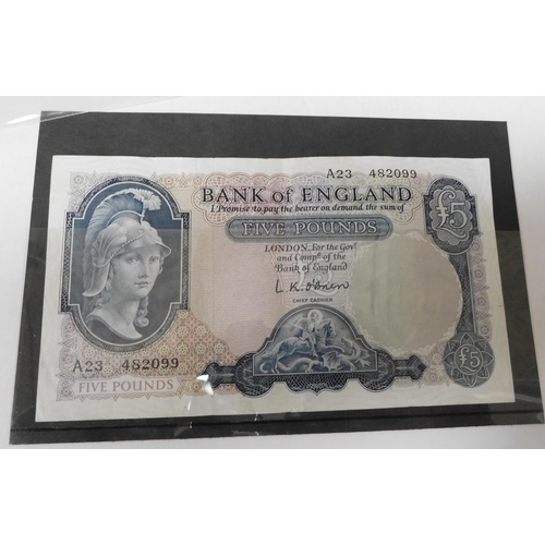 69 - Bank of England - Britannia - Five Pound note - prefix A/first series - signed O'Brien