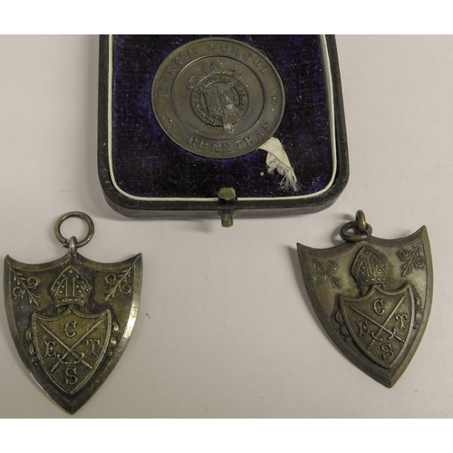 7 - Antique & vintage - silver & bronze shield/fob medals - dated 1919 & 1930 - & bronze Kings School me... 